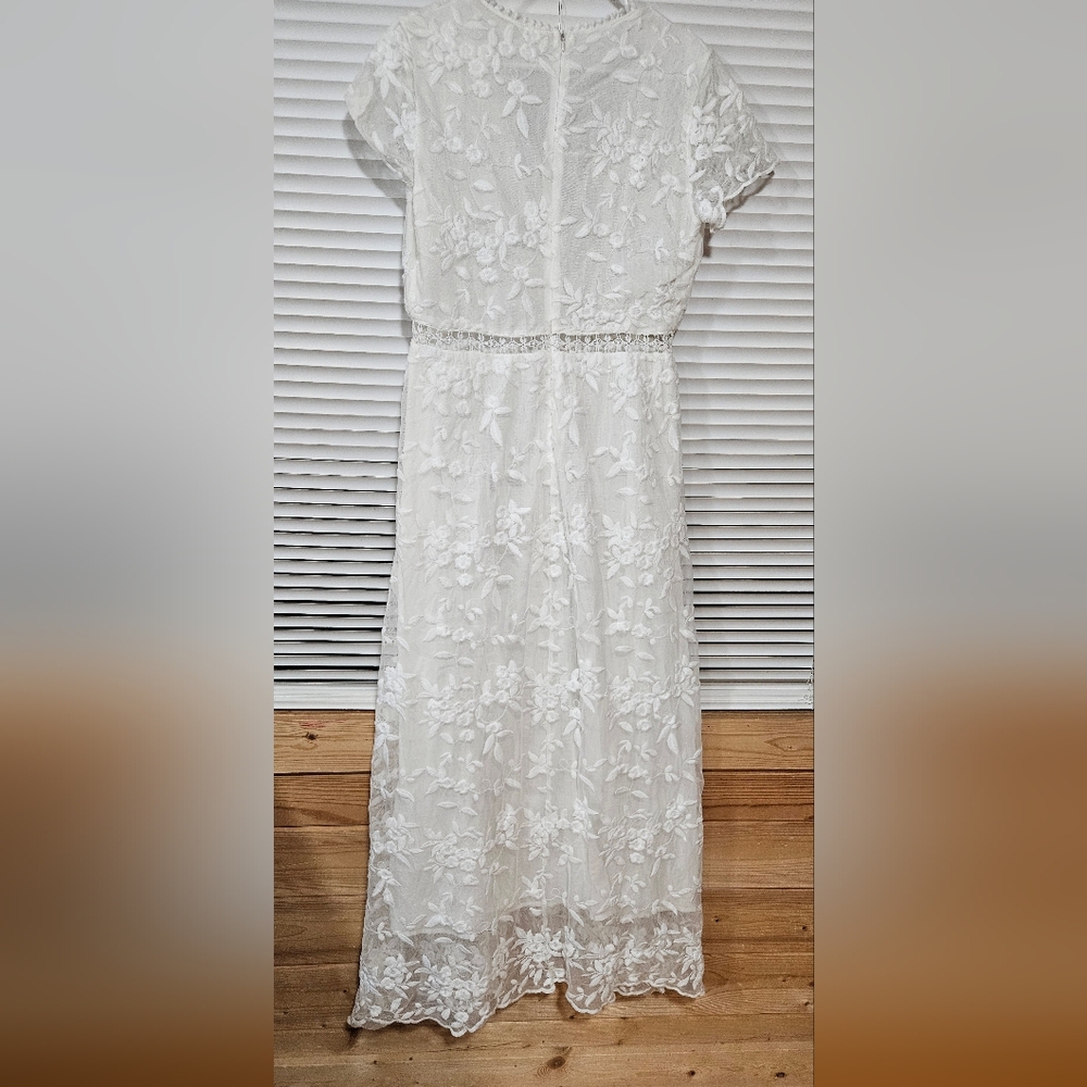 Women’S Summer V-Neck Short Sleeve Lace Hook-Floral Dress Chiffon Fabric Sze L - Picture 5 of 6